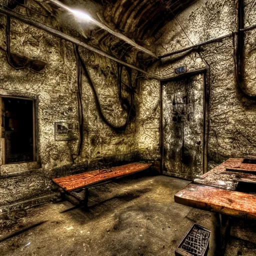 Prompt: you wake up on a cold bench, you look around. you find out that you are locked inside a musky cold abounded cellar with vines, moss and mushrooms growing around you, realistic, hdr, clear image, hdd, rtx on, dynamic lighting,