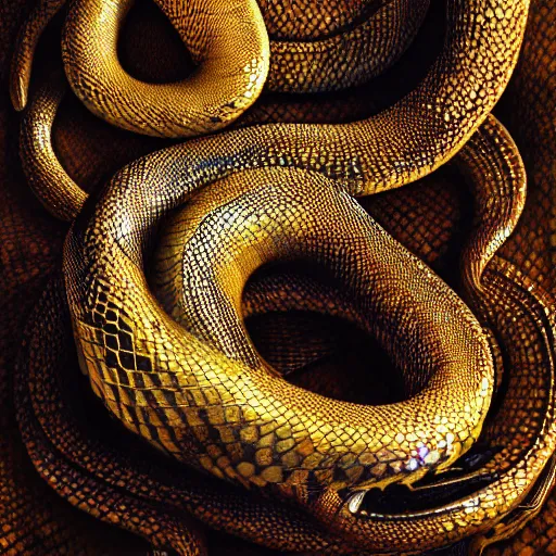 Image similar to snake man, up portrait with her body wrapped in gold scales, hyper photo realistic 8K HD HDRI, photo by Annie Leibovitz