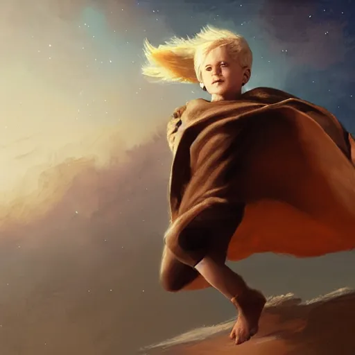 Prompt: blonde boy wearing a brown cape and flying in t pose, space background, oil painting, brush strokes, greg rutkowski