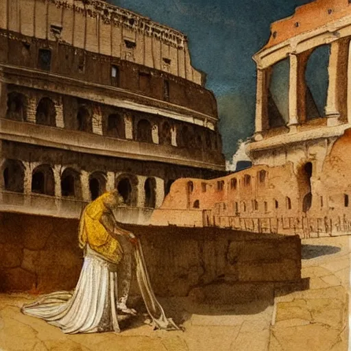 Prompt: a woman making lemonade in front of the colosseum, watercolor painting by da vinci, high detail, abstract