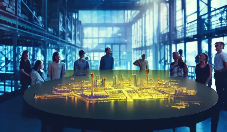 Image similar to group of people in simple warehouse, looking at hologram of futuristic city on a table, cinematic concept art, godrays, golden hour, natural sunlight, 4 k, clear details, tabletop model buildings, center model buildings, hologram center, crane shot, crane shot, crane shot