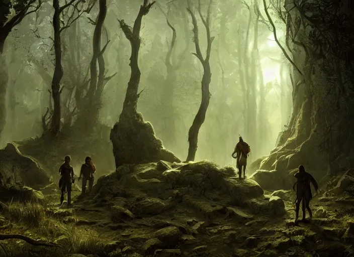 Prompt: A group of adventurers discover an ancient artifact in a woodland, highly detailed, digital painting, artstation, concept art, matte painting, sharp focus, illustration, extremely moody lighting, glowing light and shadow, atmospheric, shadowy, cinematic, in the style of Greg Rutkowski