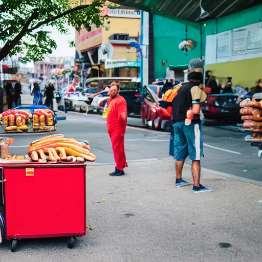 Image similar to weird man selling hotdogs, 🌭, canon eos r 3, f / 1. 4, iso 2 0 0, 1 / 1 6 0 s, 8 k, raw, unedited, symmetrical balance, wide angle