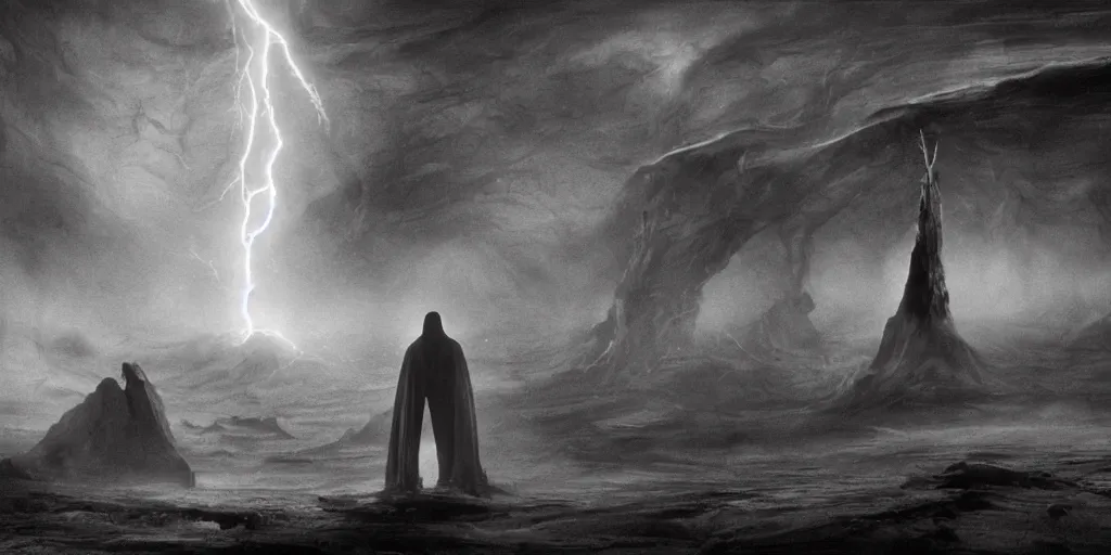 Image similar to maelstrom, gehenna, chaos, the world without form and void, wide shot of a dark sith lord in a robe with electricity, amazing concept painting by Jessica Rossier and HR giger and Beksinski, 1970s film by Stanley Kubrick, iconic scene, stunning cinematography, hyper detailed, sharp, anamorphic lenses, kodak color, 4k, stunning concept art