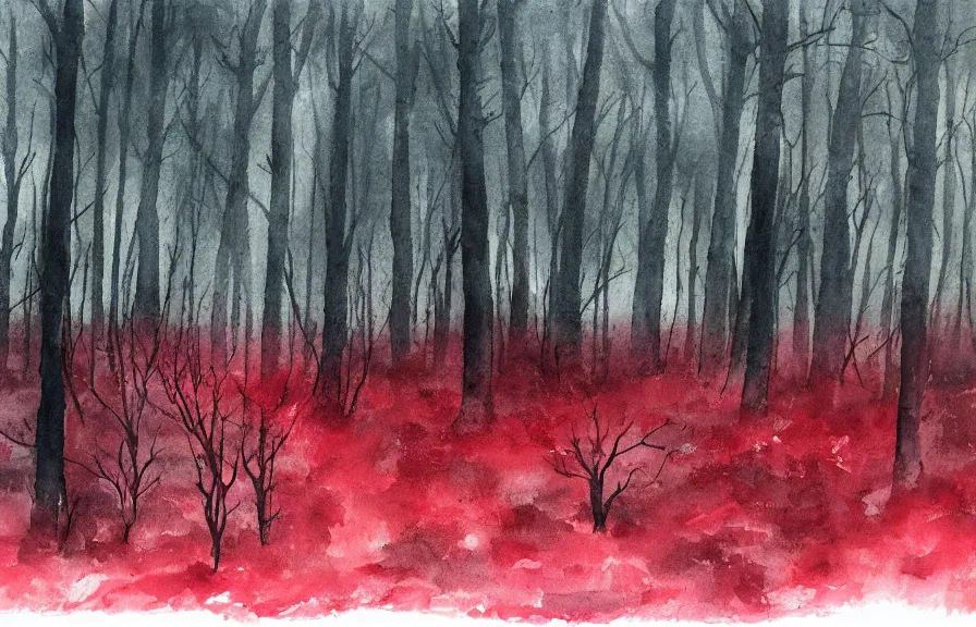 Prompt: dark and gloomy forest filled with toxic waste, dark stormy sky, raining red rain, watercolor painting