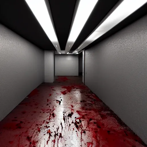 Prompt: public men's restroom with a limitless rows of urinals, dim lighting, scary, blood splattered on floor, photorealistic, 8 k, 1 5 0 mp,