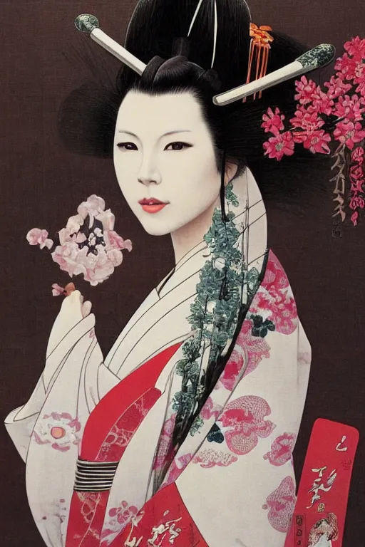 Image similar to Photo of Native Japan woman Kate Beckinsale, portrait, skilled geisha of the Japanese, realistic, detailed, Kate Beckinsale