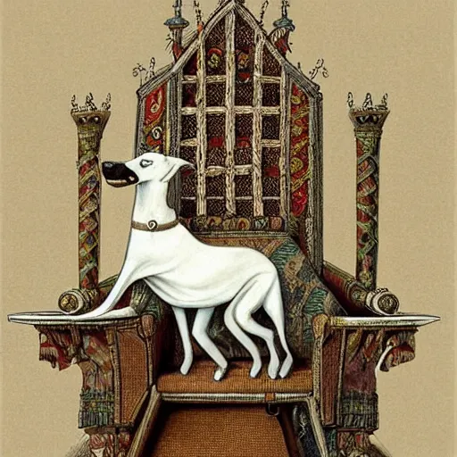 Prompt: Portrait of an anthropomorphic White Greyhound wearing a fancy crown and holding a longsword in a medieval throne room. Very high quality. Drawn by James Christensen