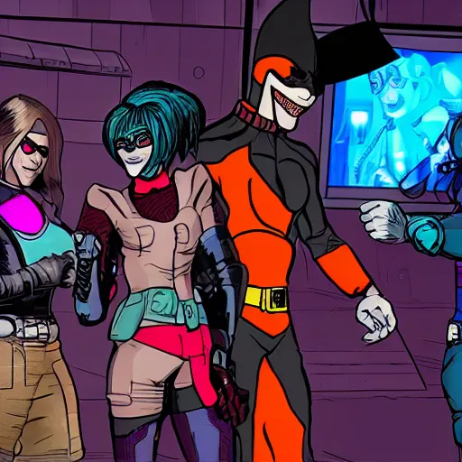 Image similar to cyberpunk Batman, Harley Quinn, Velma, and Shaggy in a platform fighting game