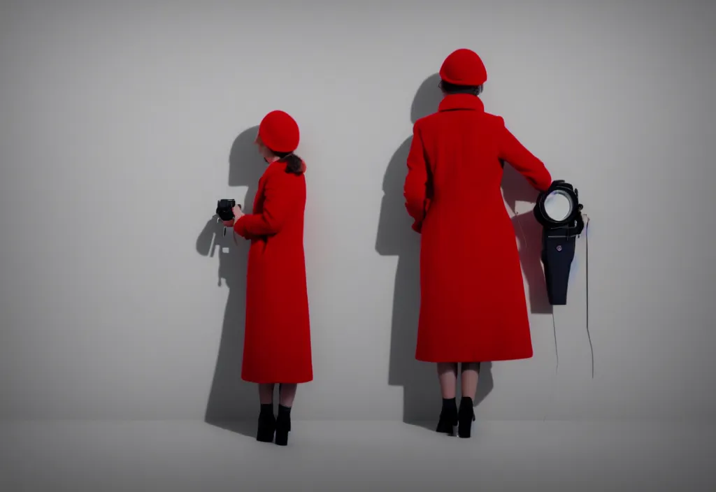 Prompt: young european woman in a long red coat peering through binoculars, portait, in the style of wes anderson, rene magritte, lola dupre, david hockney, isolated on white background, dark monochrome neon spraypaint accents octane render