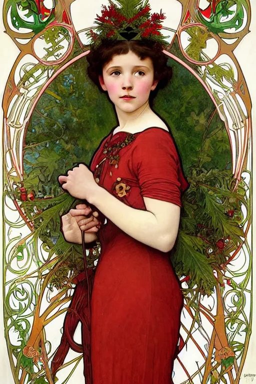 Image similar to realistic art nouveau style detailed portrait of 1 4 - year - old millie bobby brown wearing a holly wreath as a crown at christmas by alphonse mucha, william adolphe bouguereau, and donato giancola art nouveau style, red and green christmas colors