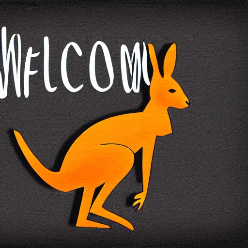 Prompt: a kangaroo holding a sign made out of steel with the word [ welcome ] carved on it, digital art