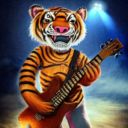 Image similar to illustration of a anthropomorphic tiger in a rock outfit strumming an electric guitar, dslr, 8 k, octane beautifully detailed illustration, cold lighting, cinematic lighting, detailed poster, masterpiece, volumetric lighting, ultra realistic, highly detailed, high quality, lossless