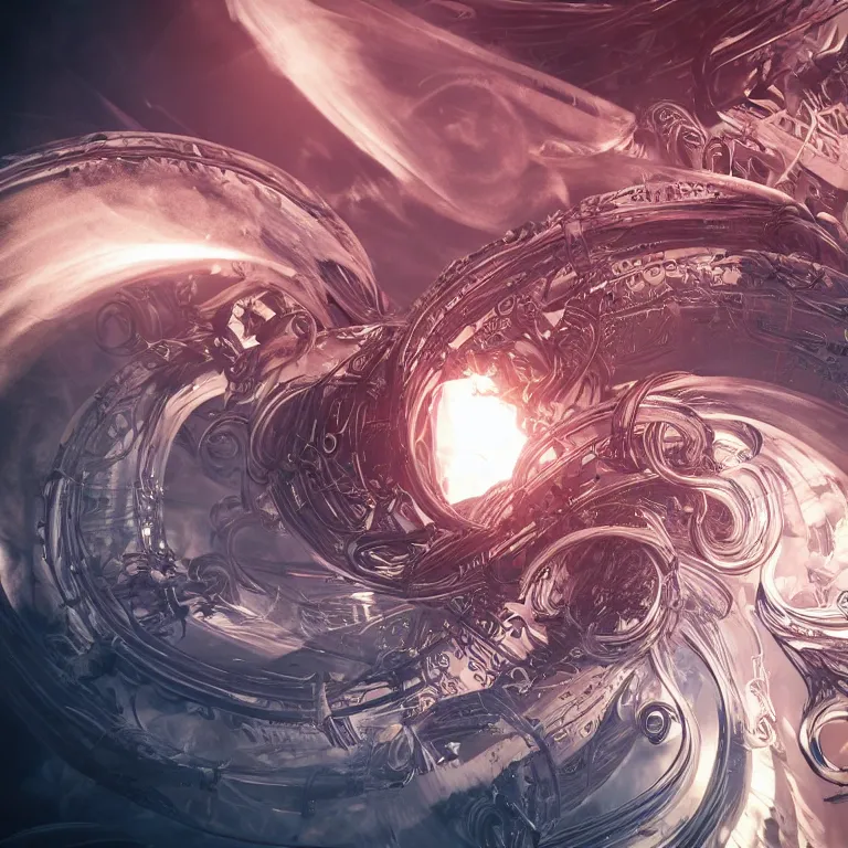 Image similar to swirling abstract cyborg parts and ornate flowing smoke streams and smooth particle effects surround a metallic spiral, cinematic, unreal engine