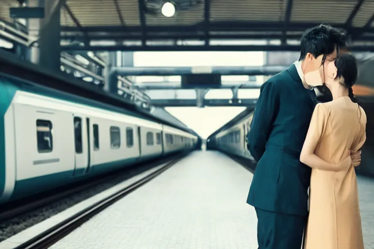 Prompt: vfx movie couple in a train station flat color profile low - key lighting cinematography atmospheric