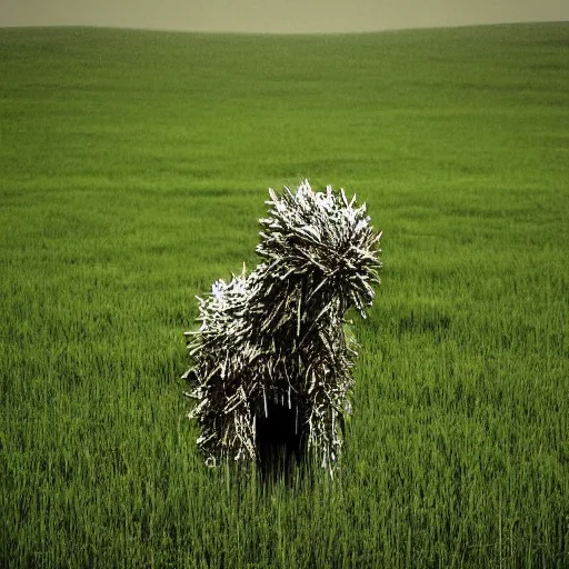 Image similar to A glitchy animal like creature standing in a lush green field, photograph, 2010 photograph, eerie