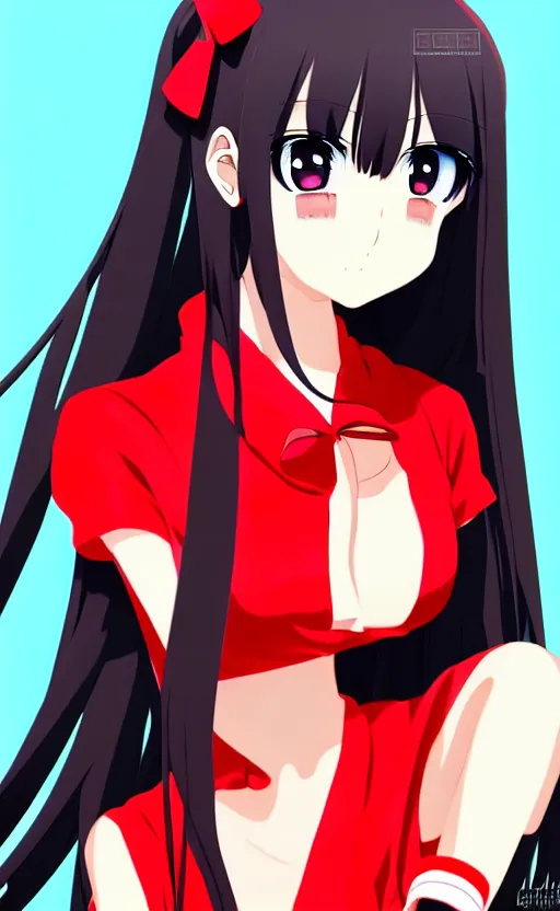 Image similar to anime girl in red outfit, detailed face, black hair, illustration