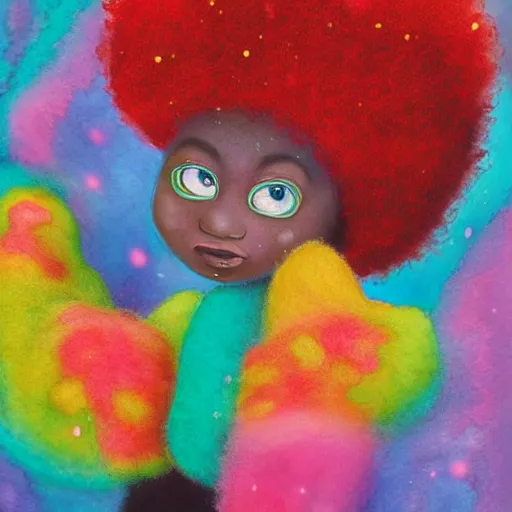 Image similar to a black girl with a colorful afro and big colorful eyes playing in the snow, bright colours, bokeh!! watercolor, volumetric wool felting, macro photography, children illustration, by goro fujita