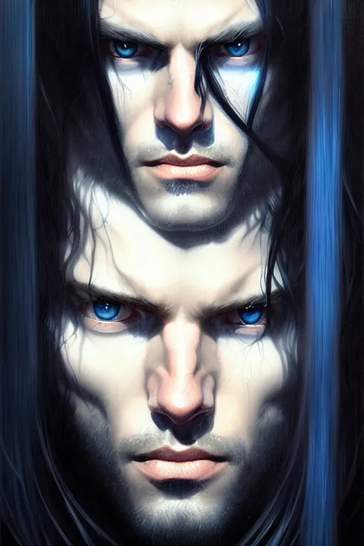 Image similar to portrait of a man with long black hair and bright blue eyes, hyperrealistic face, beautiful eyes, fantasy art, in the style of greg rutkowski, intricate, hyperdetalized, smooth