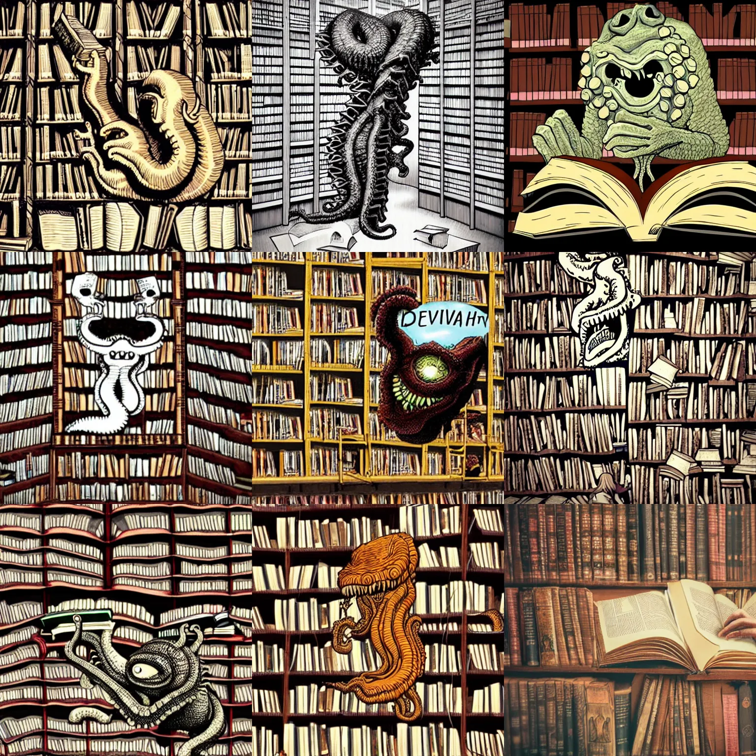 Prompt: giant lovecraftian monster devouring a books inside a library, lovecraftian horror
