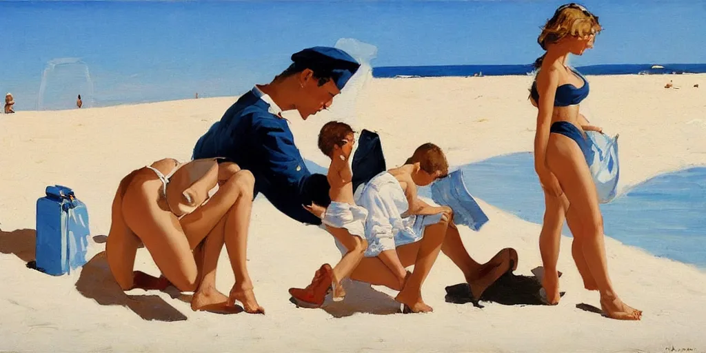 Image similar to a couple and a baby on a beach in sardinia, white sand, blue sky, summer, painting by jack vettriano
