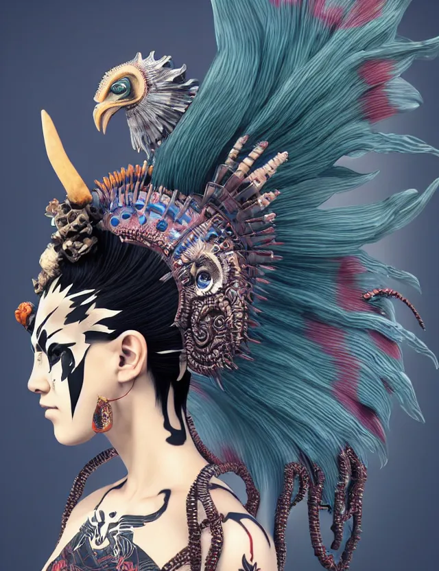 Image similar to 3 d goddess close - up profile portrait punk with mohawk with ram skull. beautiful intricately detailed japanese crow kitsune mask and clasical japanese kimono. betta fish, jellyfish phoenix, bio luminescent, plasma, ice, water, wind, creature, artwork by tooth wu and wlop and beeple and greg rutkowski