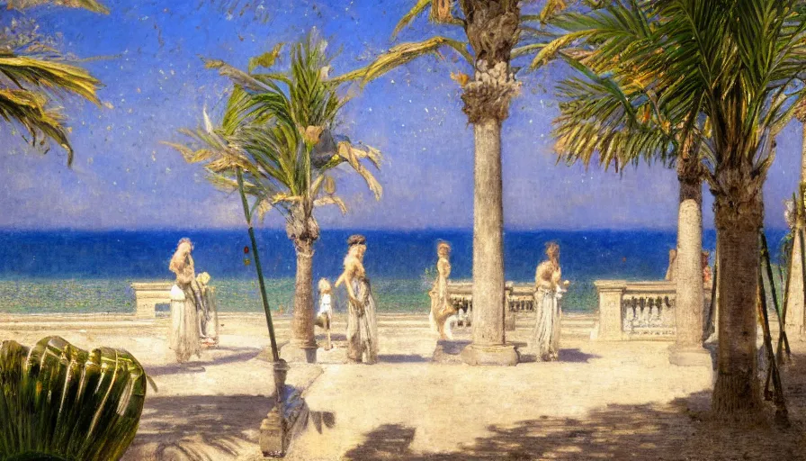 Image similar to a ultradetailed beautiful painting of the amazonas palace balustrade designed by jules bastien - lepage, hans belmer, frank weston and gustave baumann, beach, trending on artstation, mediterranean, palm trees, refracted color sparkles, sharp focus, soft light, 8 k 4 k