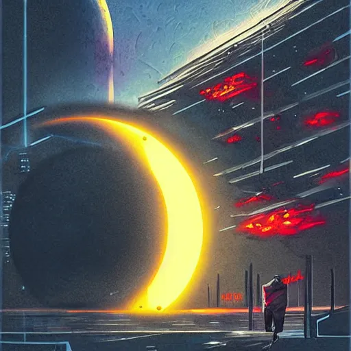 Image similar to surreal, nuclear blast and a full red moon eclipse, cyberpunk, art by jeff lyons, bryen frost