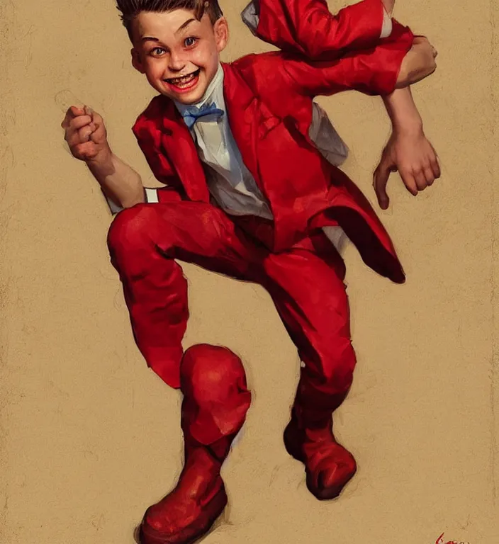 Image similar to medium shot, a boy with mildly dangerous looking eyes with smile with red suit on, very detailed, digital art, concept art, studio quality, fantasy, art style by J. C. Leyendecker