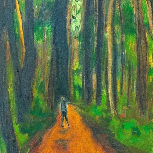Prompt: A man walking on a path in the woods, he’s holding a flashlight, impressionist art