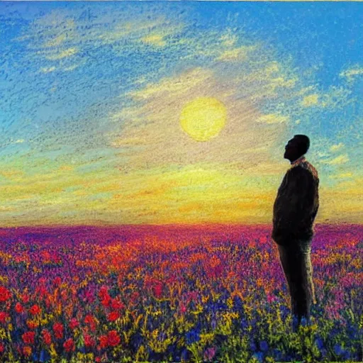 Prompt: an east african man in a vast field of flowers, looking off into the sunset, relaxing, wide shot, golden hour, vintage, impressionist painting, fine art, oil painting, dreamy, pastel, laughing, happy, intricate details, sharp, peaceful, serene