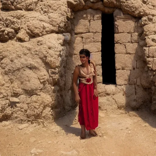 Image similar to 22 year old Mediterranean woman in ancient Canaanite clothing next to an ancient well in a movie directed by Steven Spielberg, movie still frame, promotional image, imax 70 mm footage