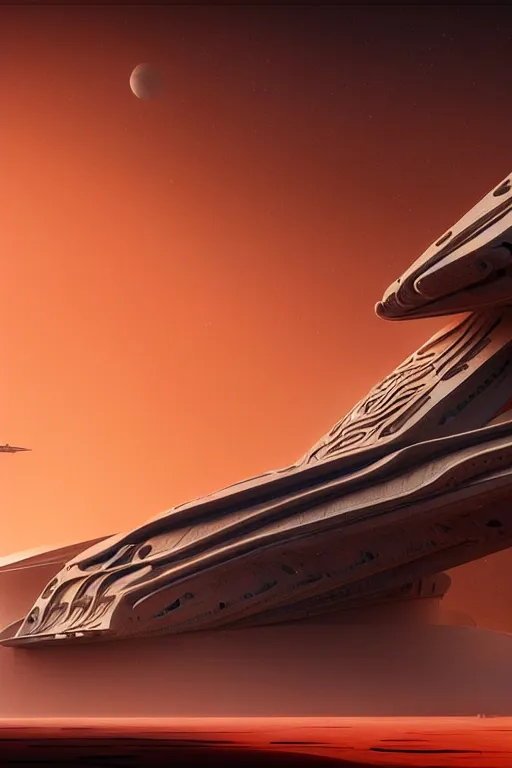 Prompt: futuristic space station in the red desert 3 d concept art, cinematic lighting, mad max, intricate details, building by zaha hadid, pastel orange sunset, emissary space by arthur haas and bruce pennington and john schoenherr, cinematic matte painting, dark moody monochrome colors, trending on artstation, featured on behance