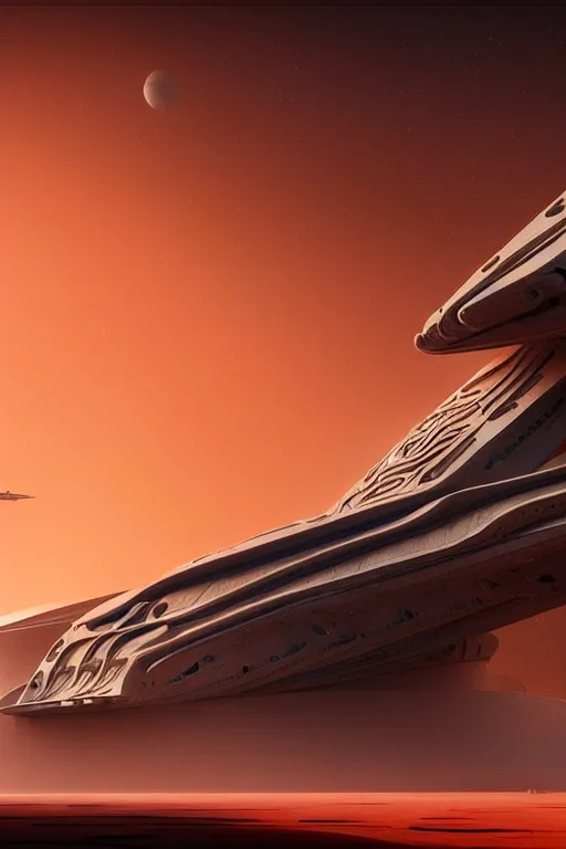 Image similar to futuristic space station in the red desert 3 d concept art, cinematic lighting, mad max, intricate details, building by zaha hadid, pastel orange sunset, emissary space by arthur haas and bruce pennington and john schoenherr, cinematic matte painting, dark moody monochrome colors, trending on artstation, featured on behance