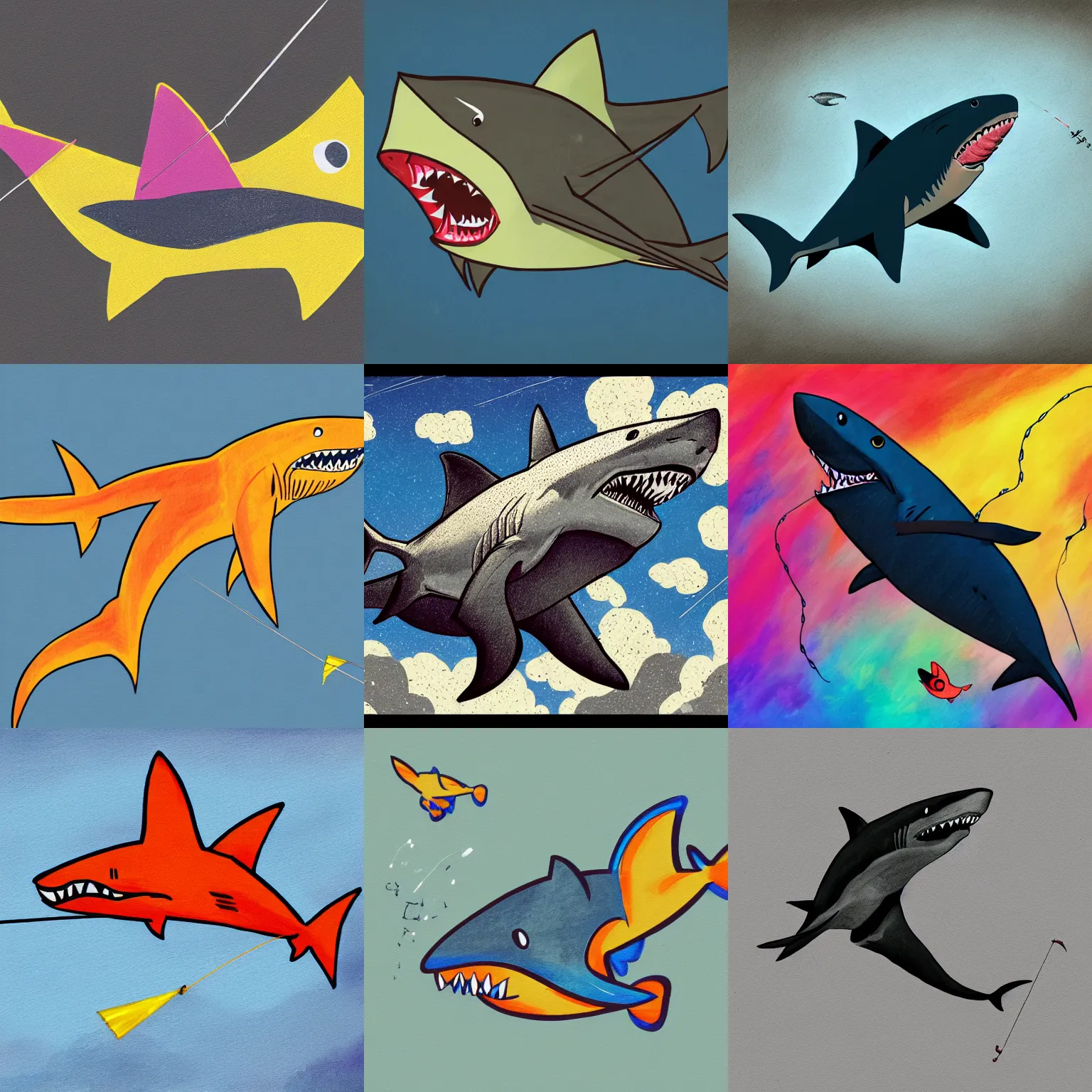 Prompt: a shark flying a kite, concept art, digital line art painting, illustration, graphic novel, graphite, marker art, crayon, paint, comic book, warm color palette, electric colors, tonal colors, 2 d, 8 k, natural lighting, amoled, moody lighting, diffraction grading, cell shading