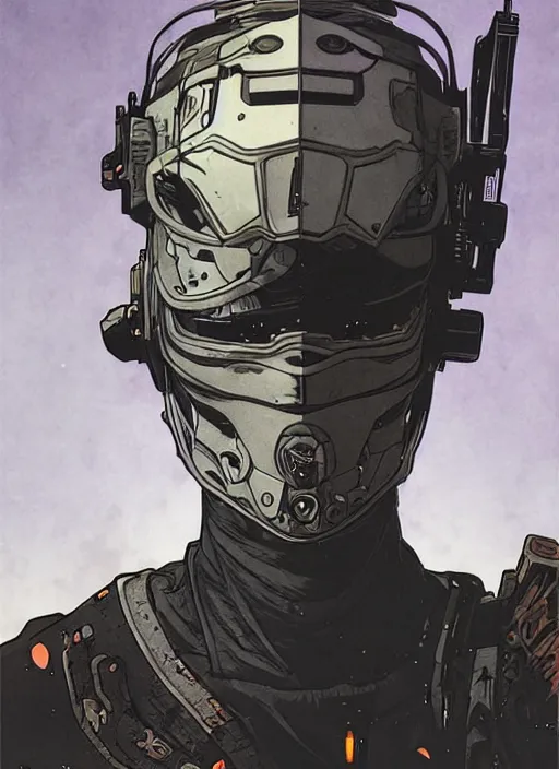 Prompt: cyberpunk ninja dude. portrait by ashley wood and alphonse mucha and laurie greasley and josan gonzalez and james gurney. splinter cell, apex legends, rb 6 s, hl 2, d & d, cyberpunk 2 0 7 7. realistic face. character clothing. vivid color. dystopian setting.