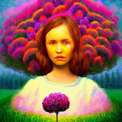 Prompt: girl with a mega flower as a face, surreal photography, dream, standing in flower field, hills, big trees, sunrise dramatic light, impressionist painting, colorful clouds, digital painting, pointillism, artstation, simon stalenhag, flower face