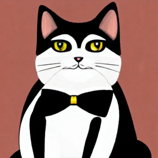 Prompt: photograph of a very fat and judgmental cat wearing a full tuxedo sitting in a dimly lit parlor lounge