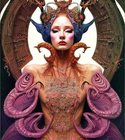 Prompt: symmetrical painting, a beautiful female succuba queen in dress, pretty, detailed and intricate, perfect body shape, perfect face, hypermaximalist, elegant, ornate, luxury, elite, matte painting, cinematic lighting, james jean, brian froud, wayne barlowe