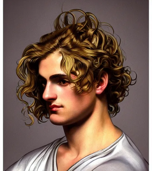 Image similar to clean cel shaded art of the androgynous clean shaven greek God Apollo, long fluffy curly blond hair, light platinum long blond hair, Alexandre Cabanel, norman rockwell, peter paul rubens, maler collier, frank frazetta, alphonse mucha, gustav klimt 4k, unreal 5, DAZ, french noveau, trending on artstation, octane render, hyperrealistic