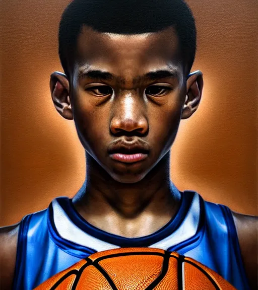 Prompt: portrait of a boy at a basketball court playing basketball wearing a basketball jersey in a basketball court standing near the basketball hoop, intense emotion, detailed facial expression, detailed surroundings, intricate, elegant, highly detailed, centered, digital painting, artstation, concept art, smooth, sharp focus, illustration, by Leonardo da Vinci, WLOP