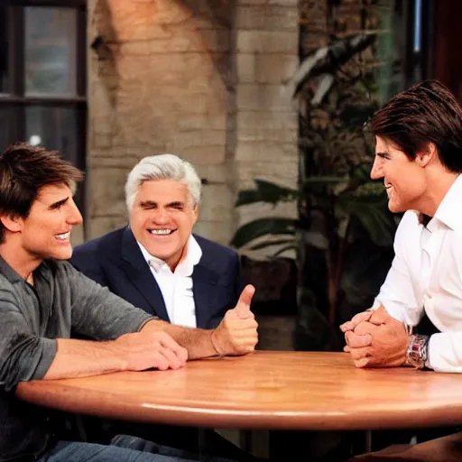 Image similar to jay leno arm wrestling tom cruise on a table, sitting across from each other