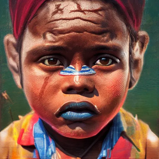Prompt: a mbya guarani people young boy portrait with porcelain face and big eyes, solar panels, dressed in a vintage shirt, conceptual art, oil fantasy painting, hyperdetailed, dramatic light, 8 k