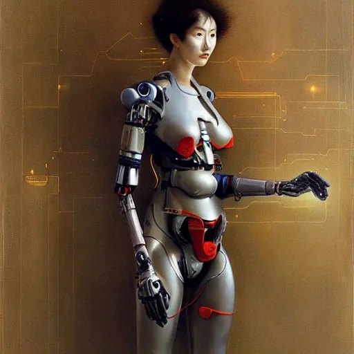 Image similar to masterpiece full body portrait cyborg woman in Tokyo,, by Edgar Maxence and Ross Tran and Michael Whelan and Gustav Klimpt