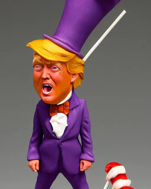 Image similar to maquette sculpture of donald trump as willy wonka, he is wearing a victorian era purple jacket and pants, and a velvet purple top hat over his long orange hair. he is holding a candy cane colored cane. his skin is an orange color like an oompa loompa. in the style of sideshow collectibles, highly detailed sculpture