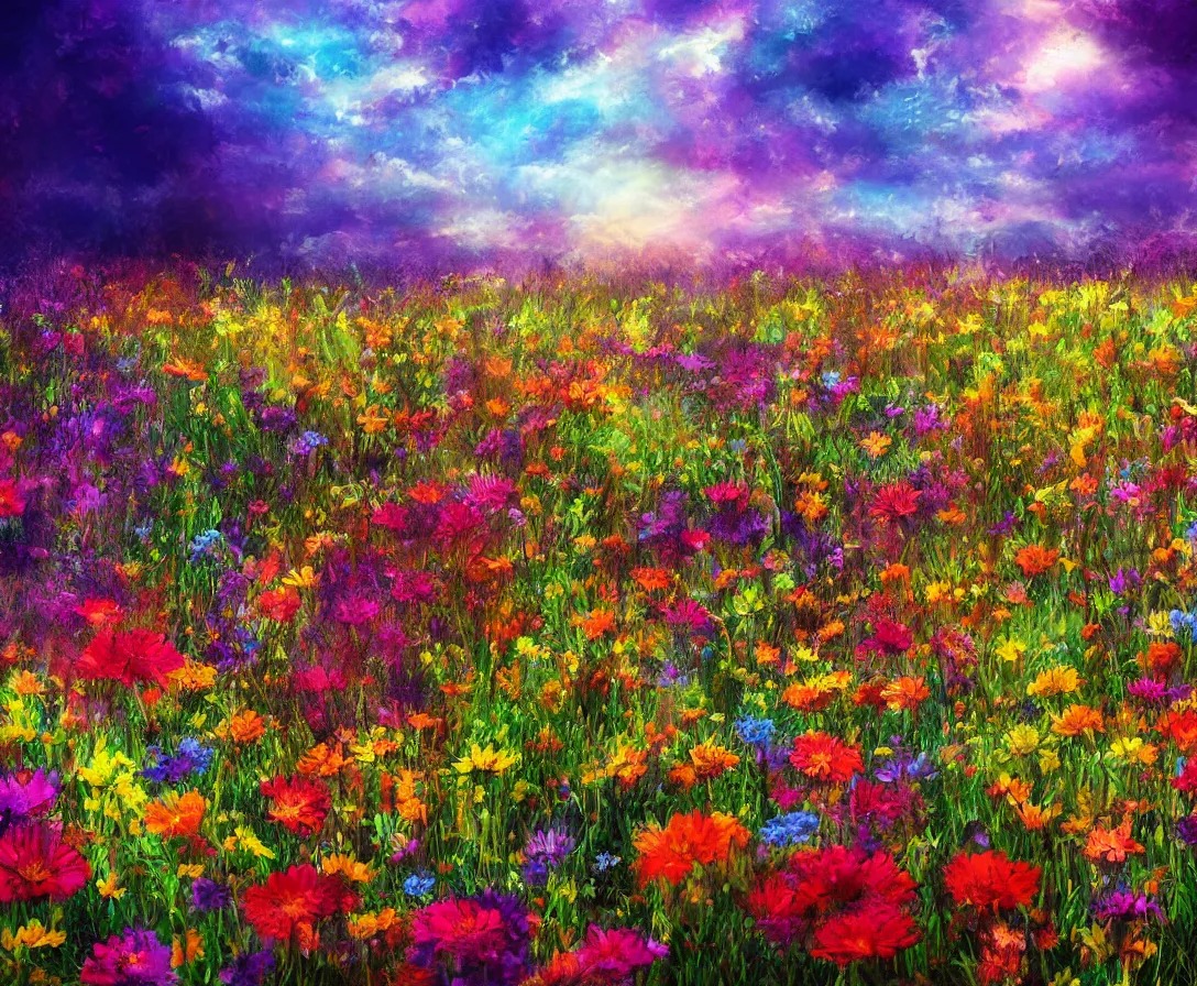 Image similar to a heavenly field of colorful flowers, highly detailed, digital painting, high fantasy, sunstreaks, high contrast, bokeh, soft tones