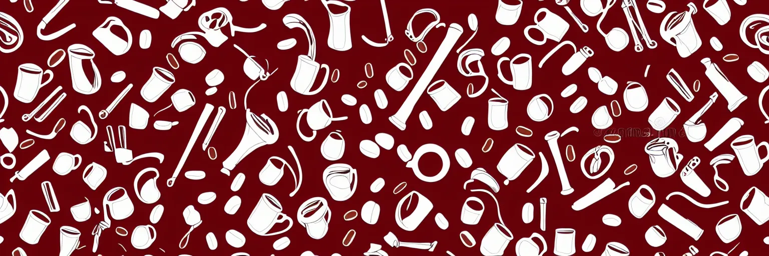 Image similar to seamless pattern design, coffee and musical instrument, vector, simple, red and white,