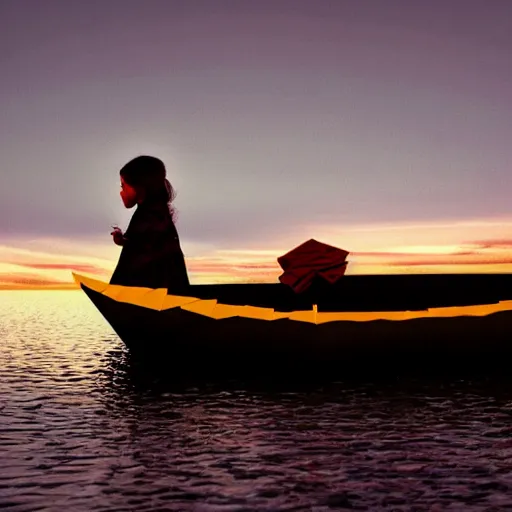 Image similar to a girl in a origami boat at dusk