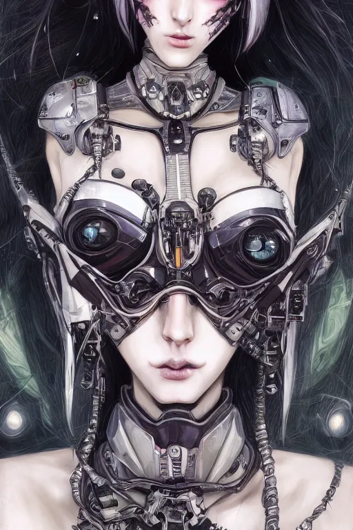 Prompt: portrait of beautiful young gothic cyborg anime maiden, cute-fine-face, pretty face, realistic shaded Perfect face, fine details. Anime, cyberpunk, Warhammer, highly detailed, artstation, illustration, art by Gustav Klimt