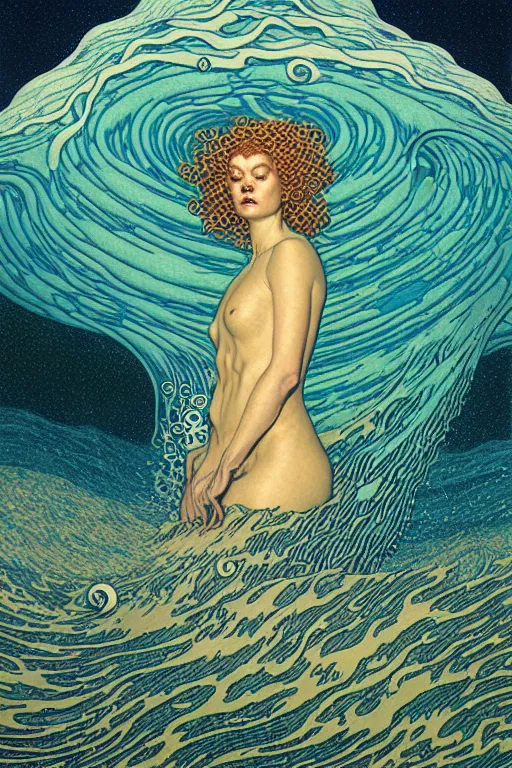 Image similar to a sea witch summoning a giant wave by dan mumford and gustav klimt and john harris and jean delville and victo ngai, highly detailed, photorealism, hyperrealistic, art deco, art nouveau